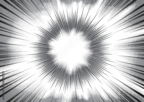 Radial black and white radial speed lines vector background Manga or anime frame, zoom motion grey dotted striped effect