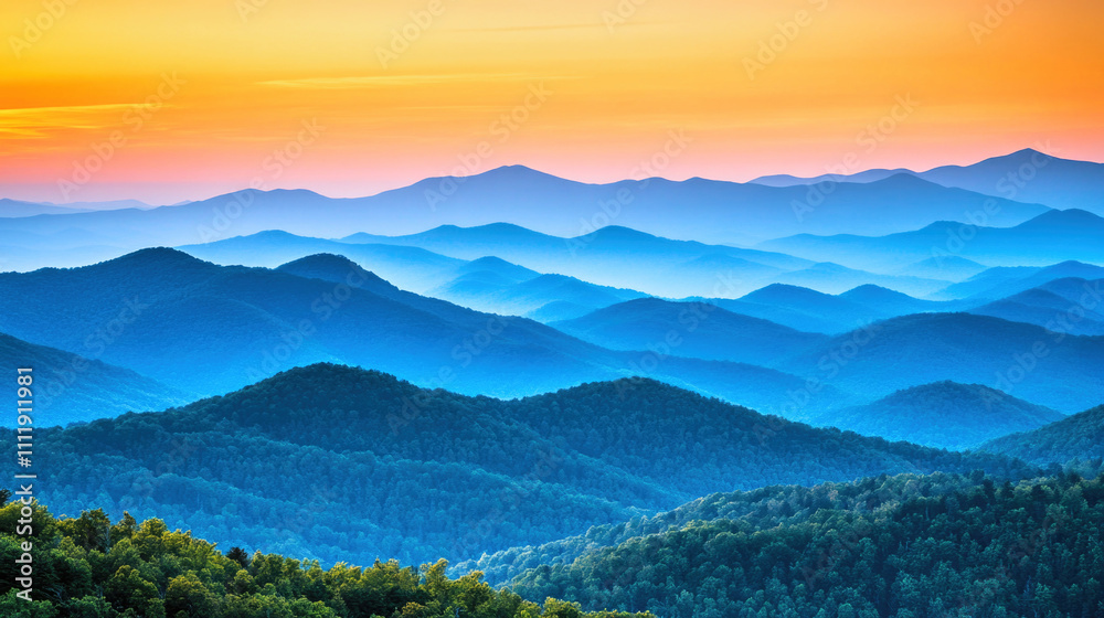 Majestic mountainous landscape at sunrise with a twilight sky transitioning to warm colors Majestic mountainous landscape at sunrise with a twilight sky transitioning to warm colors