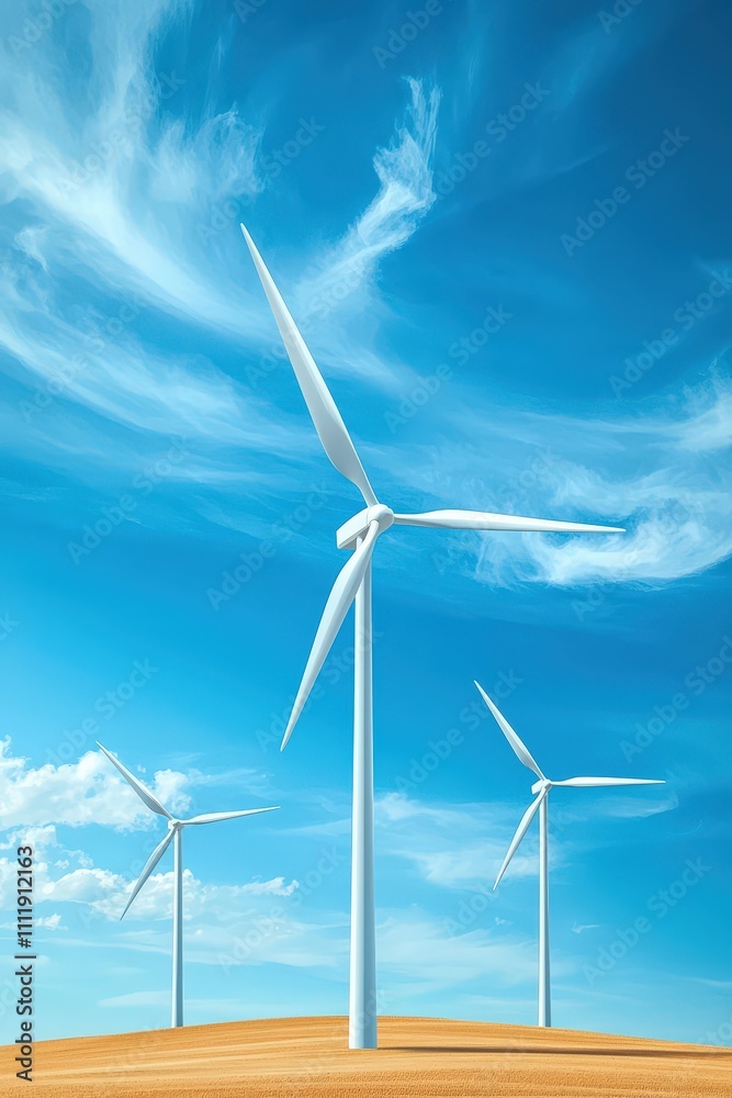 Three wind turbines are standing in a field with a clear blue sky Three wind turbines are standing in a field with a clear blue sky