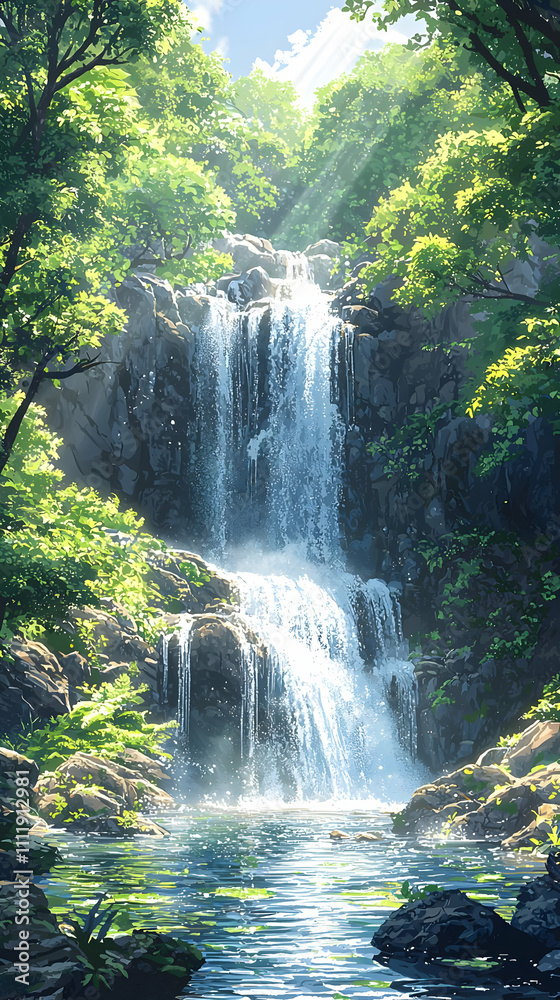 Waterfall Cascades Down Rocks in Lush Forest Waterfall Cascades Down Rocks in Lush Forest