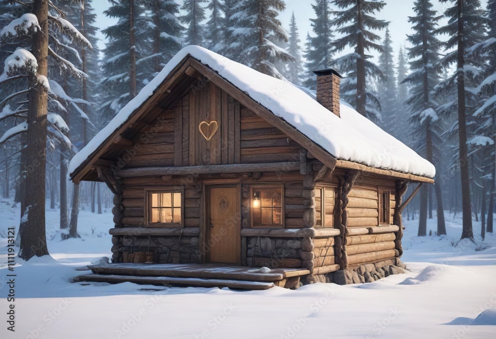Rustic cabin with a wooden heart on its roof amidst the snow, heart, wooden, wood Rustic cabin with a wooden heart on its roof amidst the snow, heart, wooden, wood