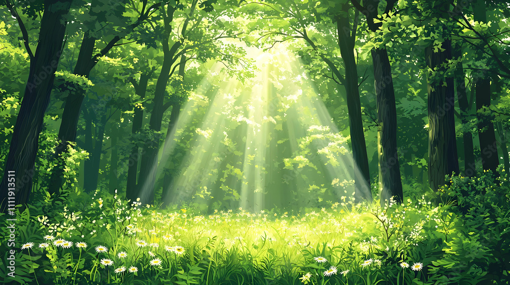 Sunlit Forest: Daisies Bloom Brightly in Green Woods Sunlit Forest: Daisies Bloom Brightly in Green Woods