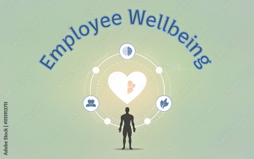 Employee Wellbeing: A person stands at the center of a circular design that represents the importance of employee wellbeing. The graphic features icons for mental health, physical health. Employee Wellbeing: A person stands at the center of a circular design that represents the importance of employee wellbeing. The graphic features icons for mental health, physical health.