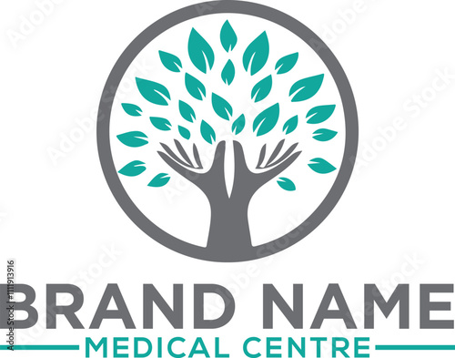 Mental health and psychology concept, vector icon or logo design. Human anatomical brain in a shape of green tree with tender guarding hands, growth
