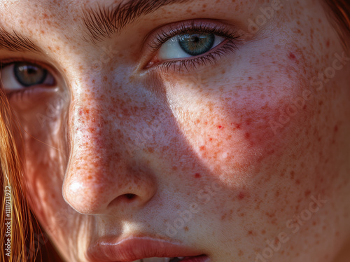 a woman’s face showing redness, pustules, and small bumps on the left cheek, while the right cheek remains clear and smooth
