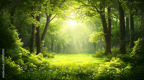 Sunlight Dapples Forest Floor, Green Canopy Above