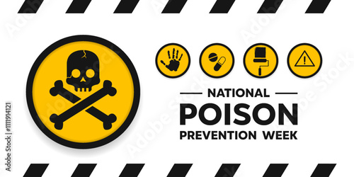 National Poison Prevention Week. Skull, hand, medicine, paint, and exclamation mark. Great for cards, banners, posters, social media and more. White background. 