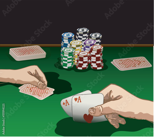 two people hands playing poker on casino green felt table game illustration