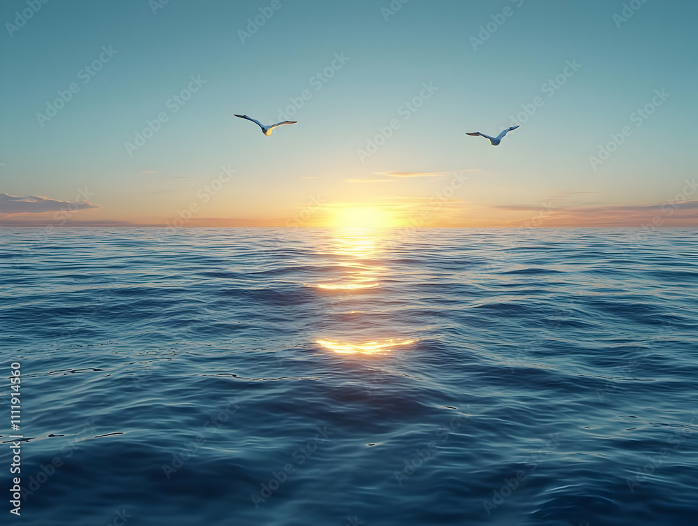 Ocean Sunset: Birds Fly, Waves Reflect Golden Light Ocean Sunset: Birds Fly, Waves Reflect Golden Light
