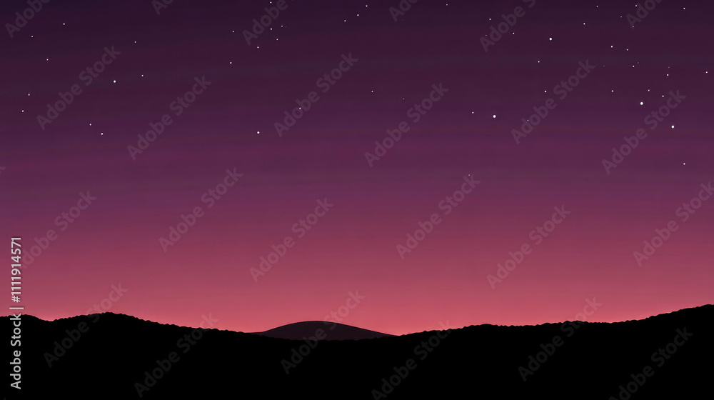 Violet to black gradient night sky with distant hills and twinkling stars Violet to black gradient night sky with distant hills and twinkling stars