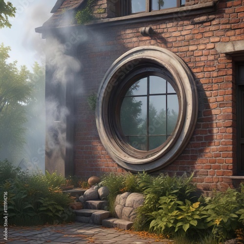 Cozy little house with a round window frame resembling a leaf and a chimney puffing out smoke, rustic charm, nature inspired photo