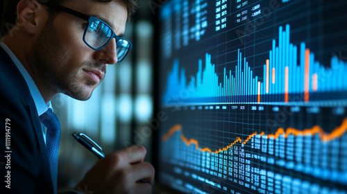 Financial analyst reviewing financial projections in corporate environment for market insights