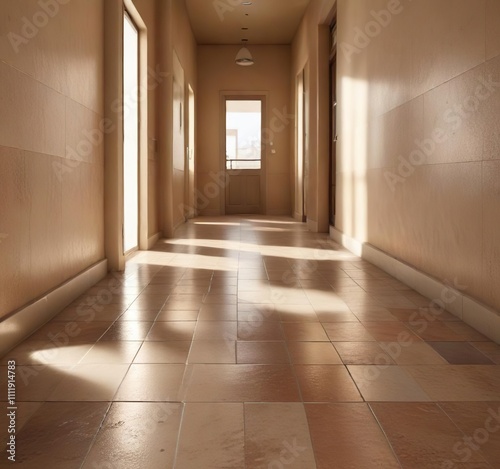 Floor lighting in a sunlit hallway with beige and tan tiles, floor lighting, illumination