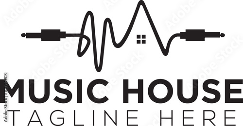 Sound Wave Logo Design Template, Cable Jack Logo Concept, Black and White vector logo