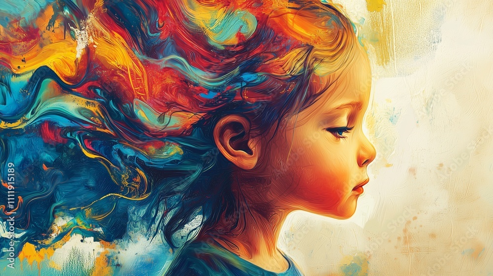 A child with colorful, abstract hair symbolizes creativity and imagination in development. A child with colorful, abstract hair symbolizes creativity and imagination in development.