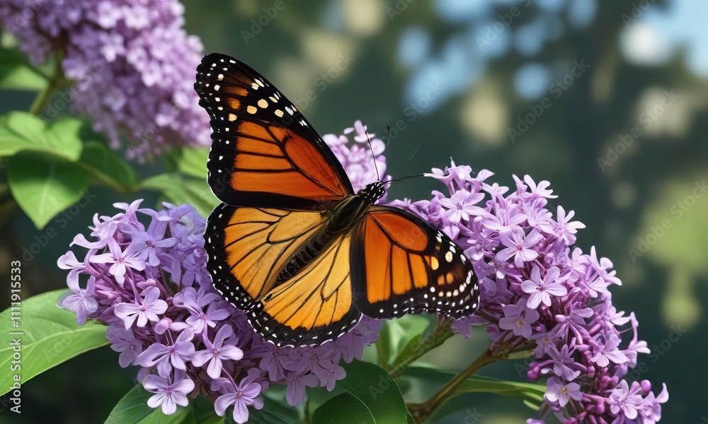 Monarch butterfly sipping nectar from a lilac flower's center, petals, gentle Monarch butterfly sipping nectar from a lilac flower's center, petals, gentle