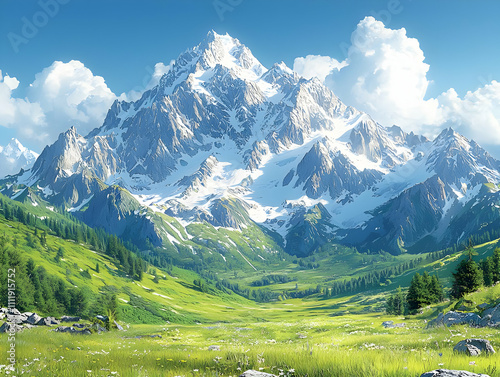 Majestic Mountains: Scenic Valley, Snow Peaks, Lush Greenery