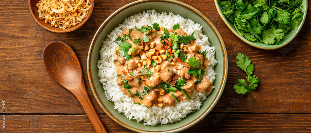 Creamy massaman curry served over fluffy white rice, garnished with herbs and nuts, creating rich and flavorful dish. Perfect for comforting meal Creamy massaman curry served over fluffy white rice, garnished with herbs and nuts, creating rich and flavorful dish. Perfect for comforting meal