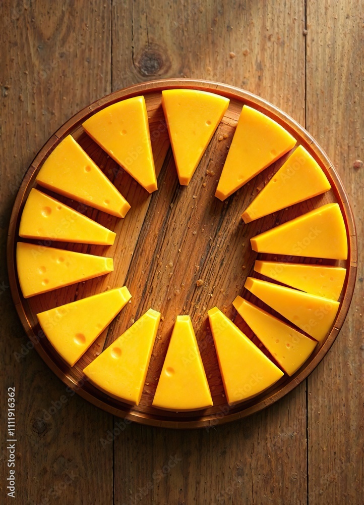 Yellow cheese wheels arranged in a circular shape on a wooden plate, , circular pattern Yellow cheese wheels arranged in a circular shape on a wooden plate, , circular pattern