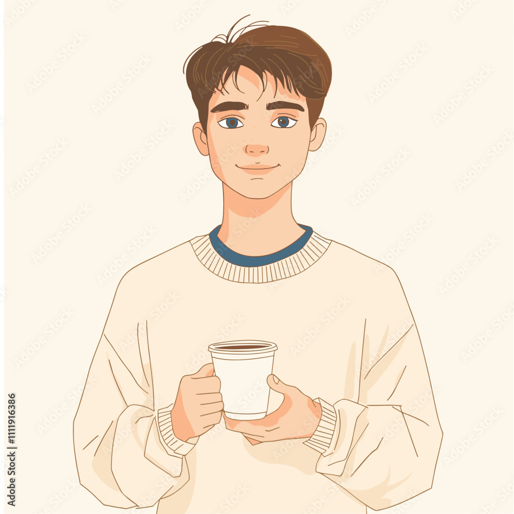 vector drawing man holding glass of coffee . Generative AI vector drawing man holding glass of coffee . Generative AI
