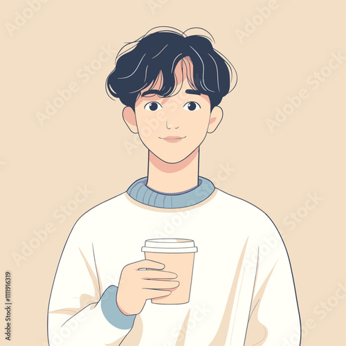 vector drawing man holding glass of coffee . Generative AI