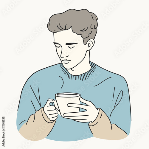 vector drawing man holding glass of coffee . Generative AI