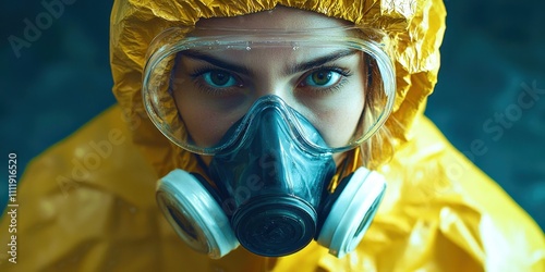 Woman in a yellow protective suit with a gas mask on photo