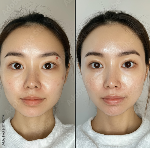 Asian Woman's Skin Before and After Skincare: No More Dark Spots, Redness, or Blemishes