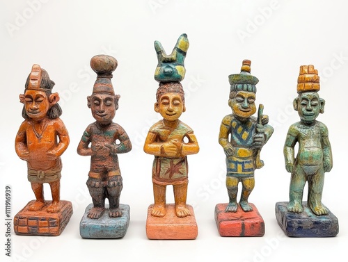 Intricately designed clay figurines and statues showcasing diverse global cultures and traditional attire, each piece bursting with vibrant colors and unique artistic details, reflecting rich cultural photo