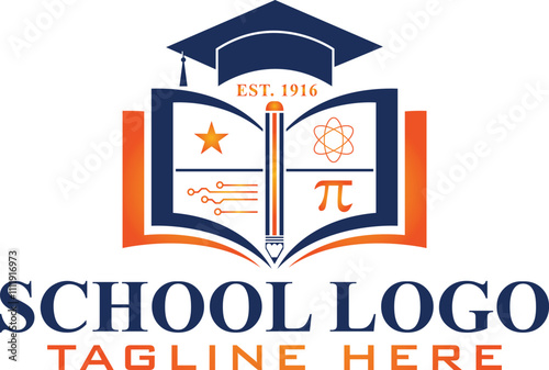 University, library, school, academy logo set with open book, graduation hat and torch icons in classic style. Education emblem or label design collection.
