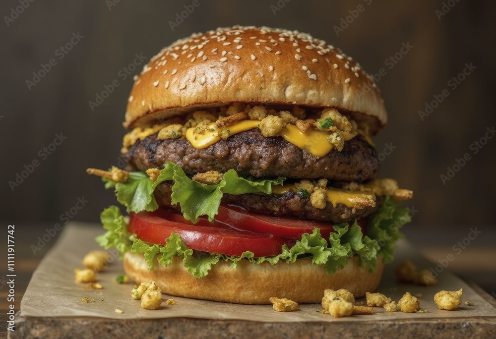 Juicy burger with sesame seed bun, melted cheese, fried onions, lettuce, tomato, and red sauce on wooden surface Juicy burger with sesame seed bun, melted cheese, fried onions, lettuce, tomato, and red sauce on wooden surface