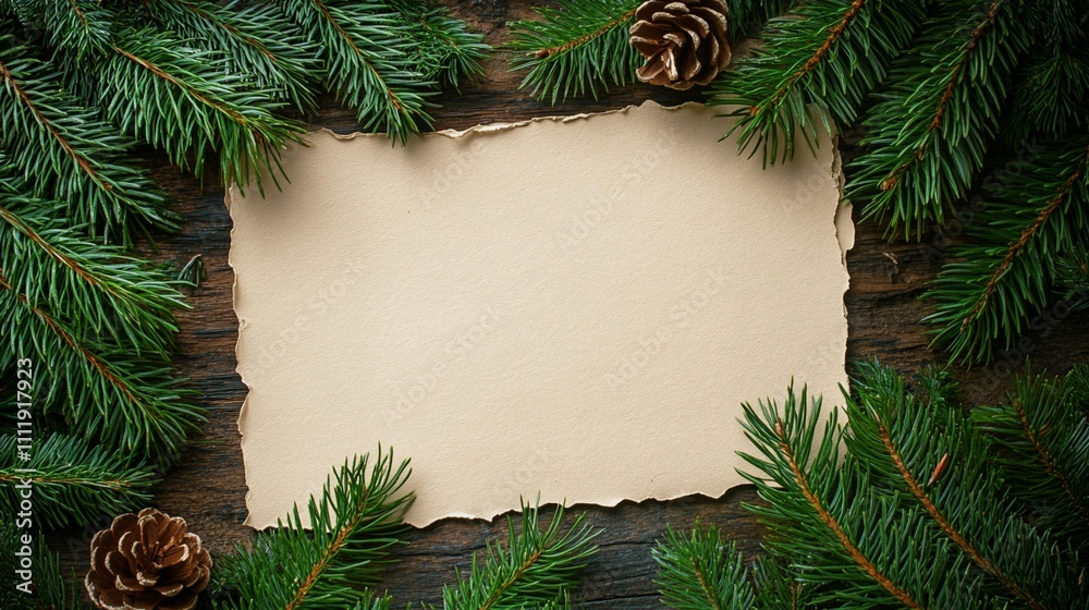 Fototapeta premium White blank paper with pine tree leaves framing a Christmas card background for copy space, text, and design template White blank paper with pine tree leaves framing a Christmas card background