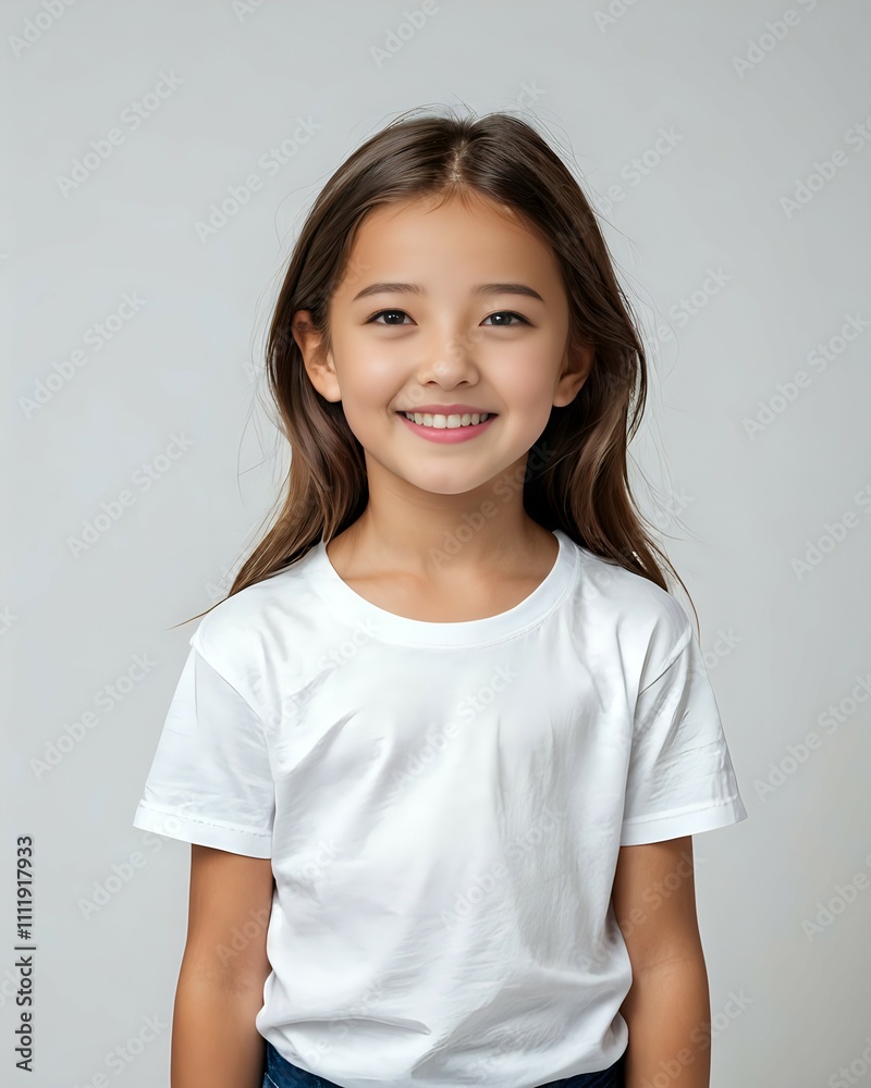 Portrait of a beautiful little girl model smiling happily wearing a white t-shirt with a white background Portrait of a beautiful little girl model smiling happily wearing a white t-shirt with a white background