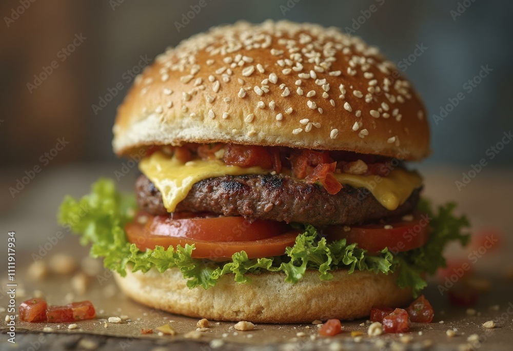 Cheeseburger with sesame seed bun, cheddar cheese, lettuce, tomato, and crispy patty on wood Cheeseburger with sesame seed bun, cheddar cheese, lettuce, tomato, and crispy patty on wood