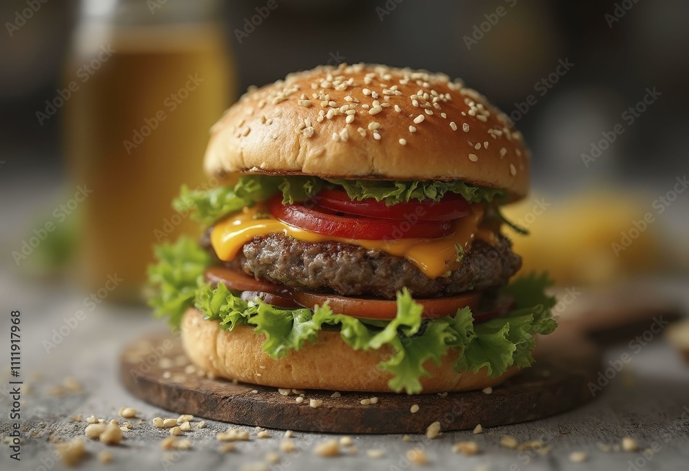 Cheeseburger with sesame seed bun, lettuce, tomato, cheese, and corn kernels on wooden board