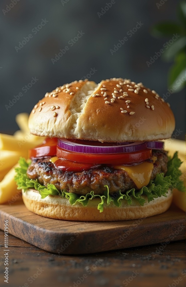 Beef burger with lettuce, tomato, onion, cheese, and fries on wooden board with blurred background Beef burger with lettuce, tomato, onion, cheese, and fries on wooden board with blurred background
