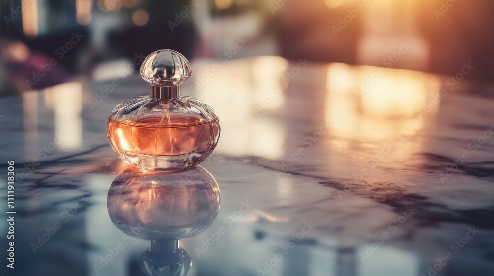 Elegant Glass Perfume Bottle on Marble Table with Soft Lighting