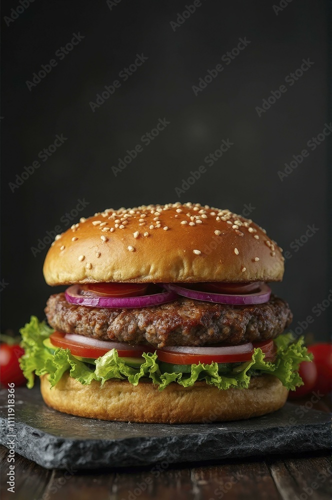Juicy beef burger with lettuce, tomato, onion, and sesame seeds on wooden table with cherry tomatoes Juicy beef burger with lettuce, tomato, onion, and sesame seeds on wooden table with cherry tomatoes