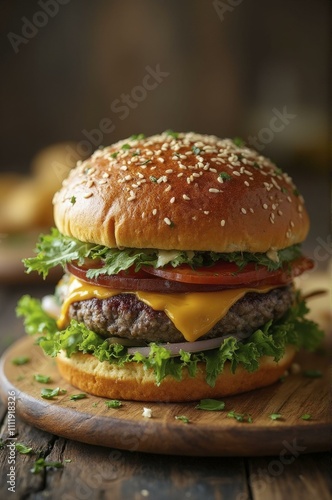 Gourmet cheeseburger with cheddar, tomato, lettuce, beef patty, and crispy fries on wooden board