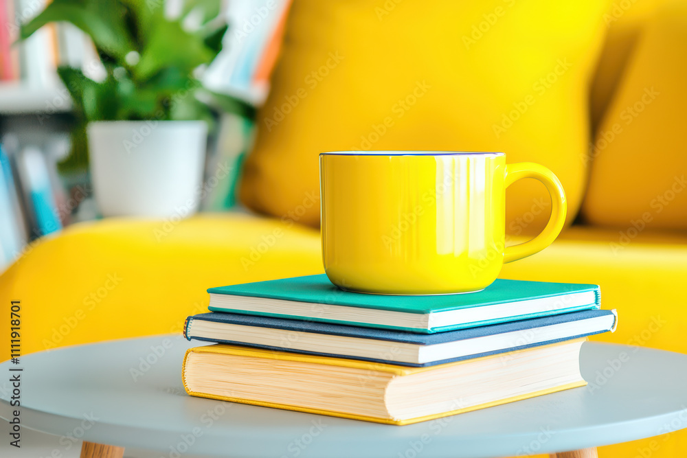Naklejka premium vibrant yellow mug sits atop stack of colorful books on table, creating cheerful and inviting atmosphere in cozy living space