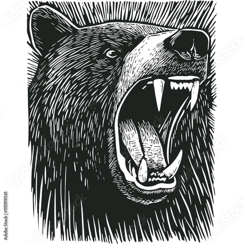 Raging grizzly bear with open mouth, engraving style, vector illustration.