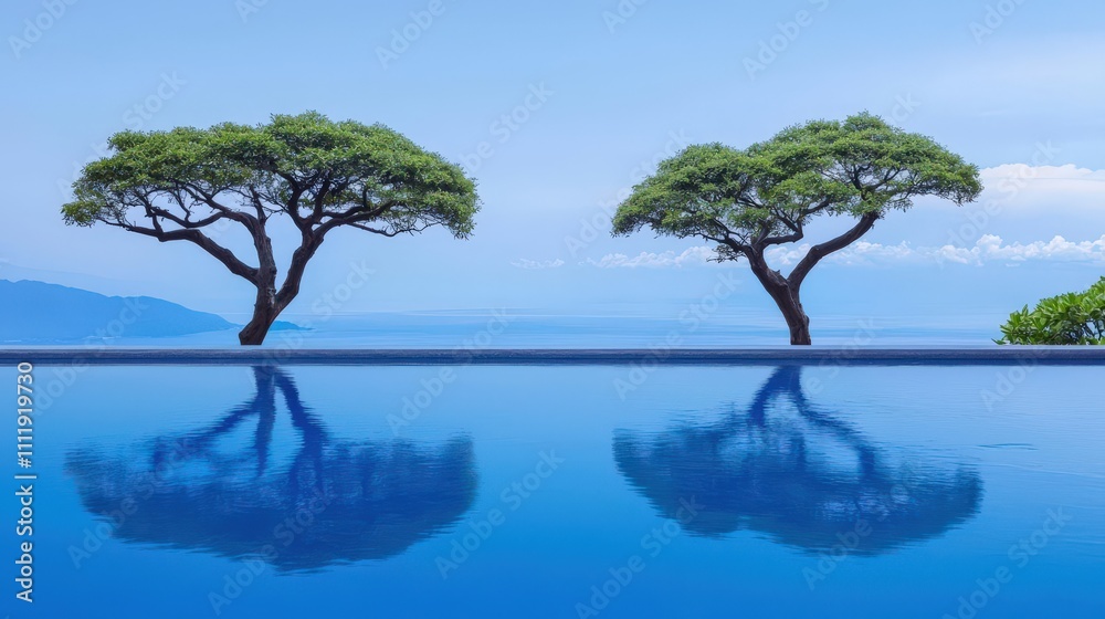 Serene Poolside Vista Two Trees Mirrored in Tranquil Blue Water Serene Poolside Vista Two Trees Mirrored in Tranquil Blue Water