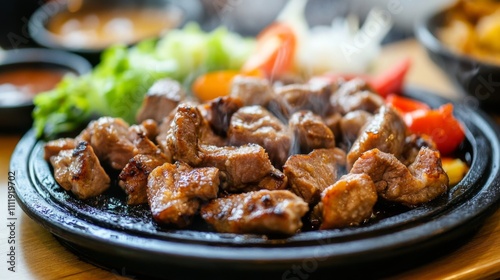 Sizzling Grilled Meat with Fresh Vegetables on a Hot Plate