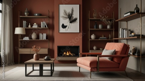 A coral armchair set in a Japandi minimalist living room with open shelving and subtle abstract wall d  cor