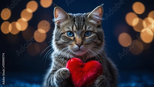 Adorable tabby kitten holding a red heart on a glittery surface with a bokeh background, symbolizing love and affection. Valentines day