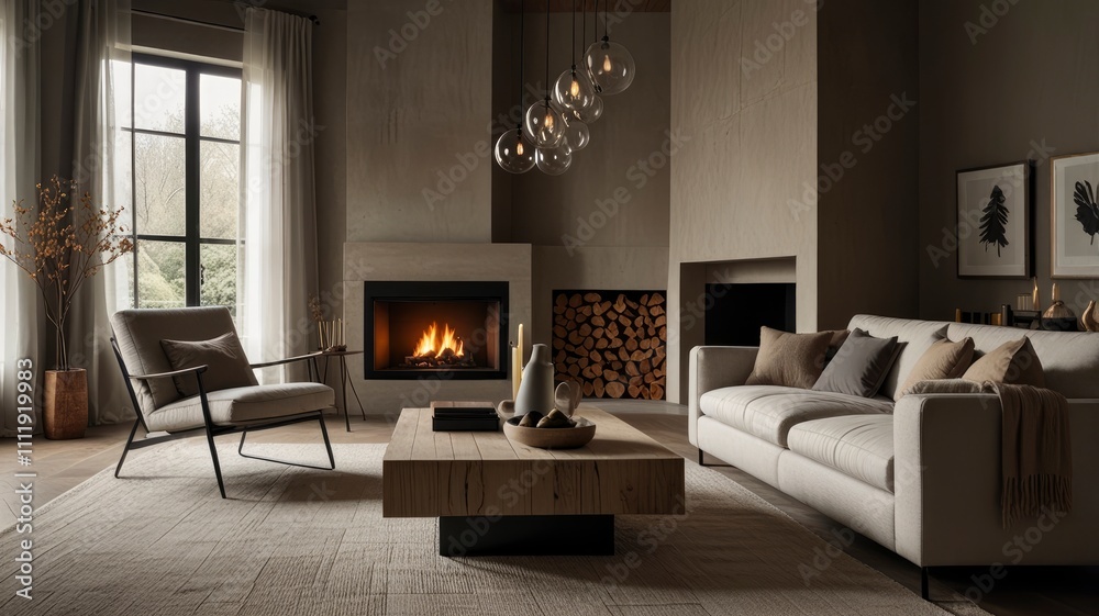 A cozy minimalist living room with rustic elements, highlighted by a corner sofa, textured pillows, and a charming fireplace