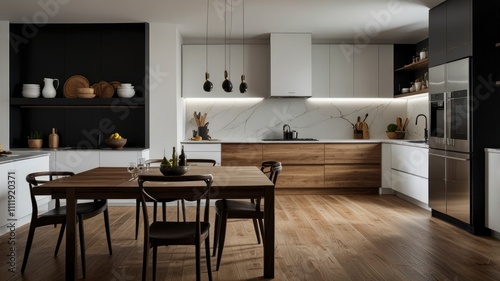 a kitchen and dining area in a room with white walls, hardwood flooring and an oven on the wall