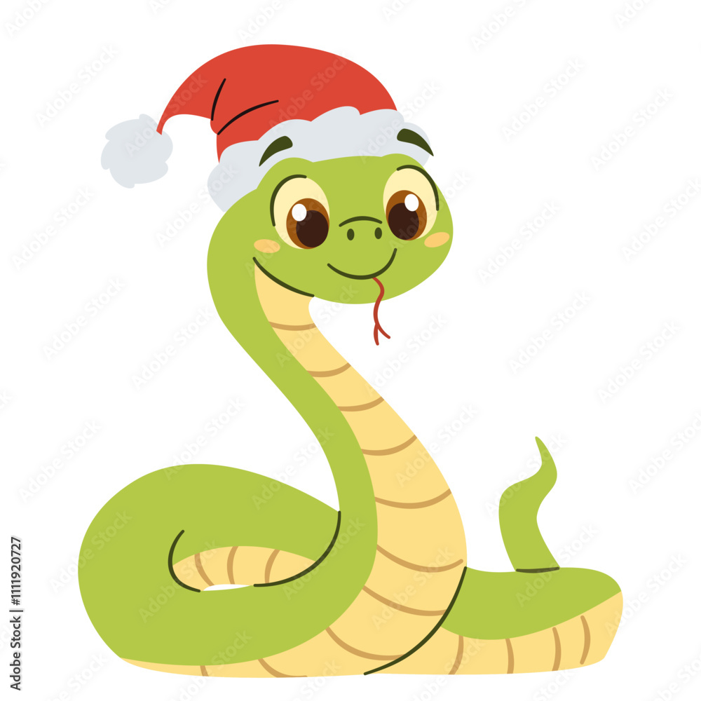 Fototapeta premium Flat vector illustration in a simple children's style. Cute snake in Santa Claus hat, symbol of the year 2025 . Vector illustration
