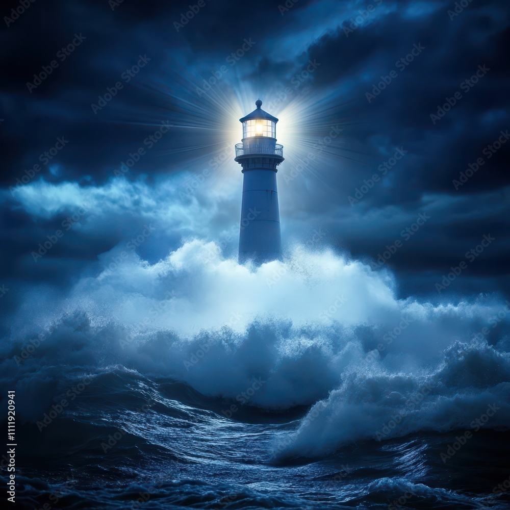 Illuminated lighthouse over economic waves, guidance strategy, symbol of leadership and direction in stormy markets