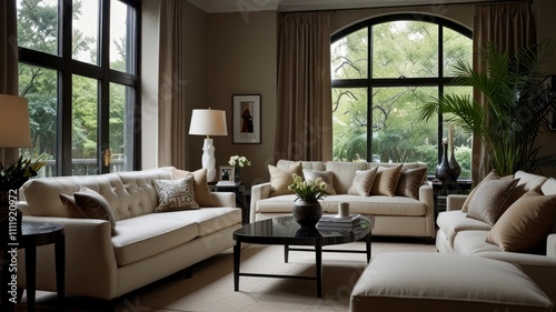 a living room with couches  coffee table and plants in vases on the side of the window seat 